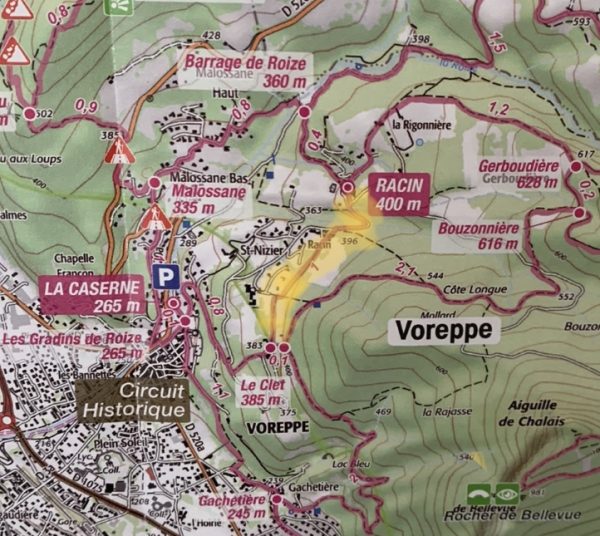 Extrait carte randonnée Pays Voironnais fermeture tronçon voreppe juin 2022